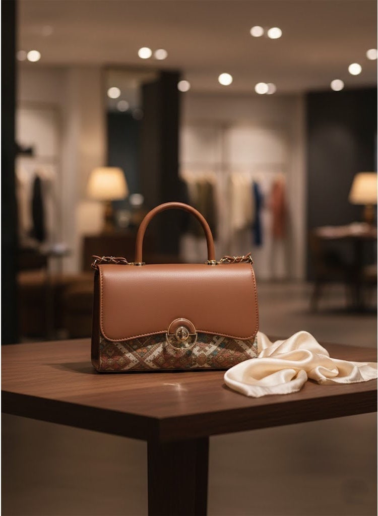 FUMES Brown Women’s Handbag – Smooth Finish with Patterned Fabric Panel, Structured Top Handle & Chain Strap, Elegant Office & Evening Bag - Image 4